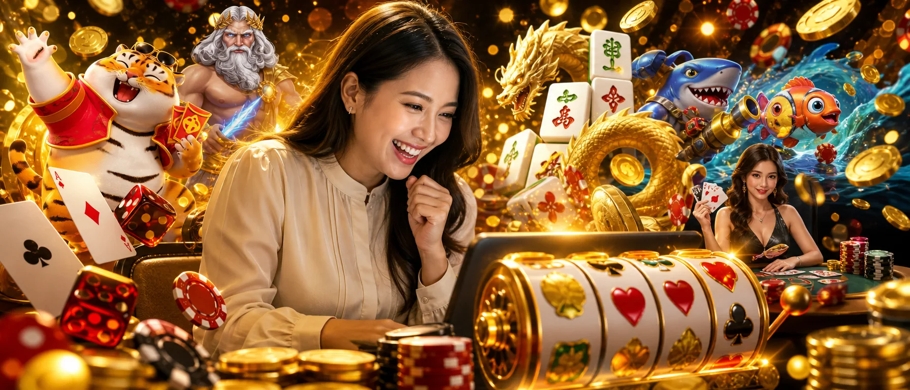 Register at Mamak24 and get straight into the games. Super Ace, Fortune Tiger, Mahjong Ways, Gates of Olymp… – gold slots collage illustration