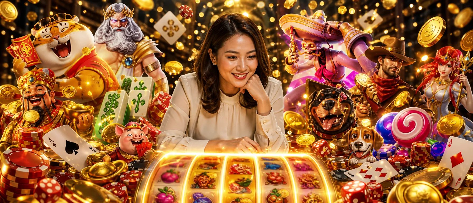 Spin the Slots Everyone's Talking About. From Super Ace and Fortune Tiger to Mahjong Ways and Gates of Olym… – gold slots collage illustration